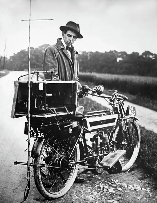 Framed Print : Motorcycle with radio transmitter, early 1900s Framed Print : Motorcycle with radio transmitter, early 1900s