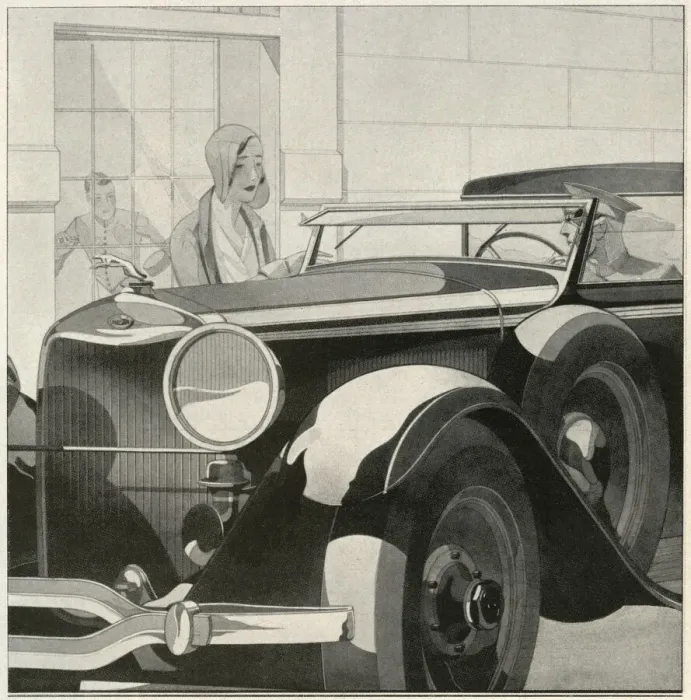 Framed Print : Motoring. Illustration of Jaguar car showing lady speaking to chauffeur Framed Print : Motoring. Illustration of Jaguar car showing lady speaking to chauffeur