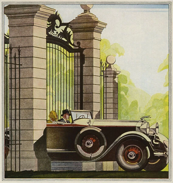Motoring. Illustration of open top Jaguar car driving through grand gates