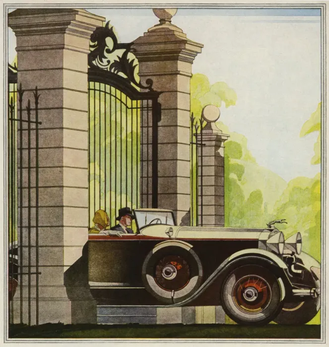 Framed Print : Motoring. Illustration of open top Jaguar car driving through grand gates Framed Print : Motoring. Illustration of open top Jaguar car driving through grand gates