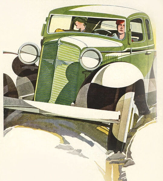 Motoring. Illustration of green Adler car with lady driver and passenger. Date: 1933