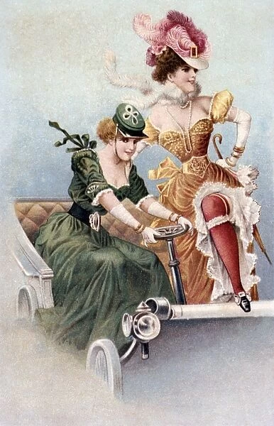 Moulin Rouge showgirls posing in an old fashioned car