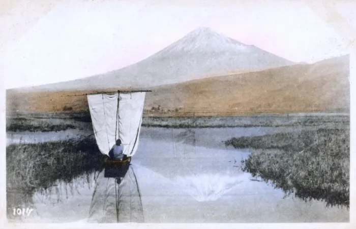 Framed Print : Mount Fuji, Japan - A small sailing boat crosses wetlands Framed Print : Mount Fuji, Japan - A small sailing boat crosses wetlands