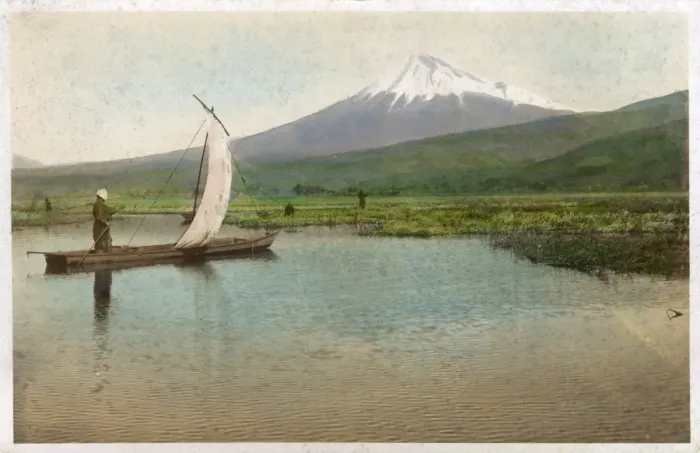 Framed Print : Mount Fuji, Japan - A small sailing boat crosses wetlands Framed Print : Mount Fuji, Japan - A small sailing boat crosses wetlands