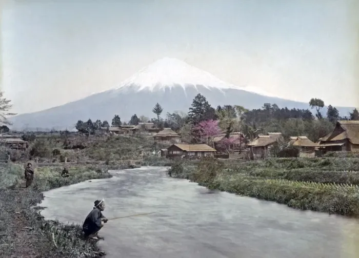 Framed Print : Mount Fuji from Omiya village, Japan, circa 1880s. Date: circa 1880s Framed Print : Mount Fuji from Omiya village, Japan, circa 1880s. Date: circa 1880s