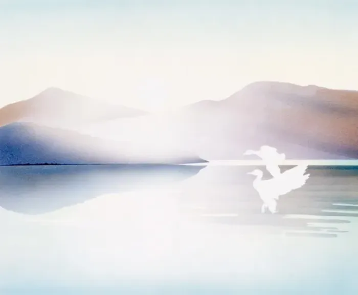 Framed Print : Mountain scenery with water and two birds Framed Print : Mountain scenery with water and two birds