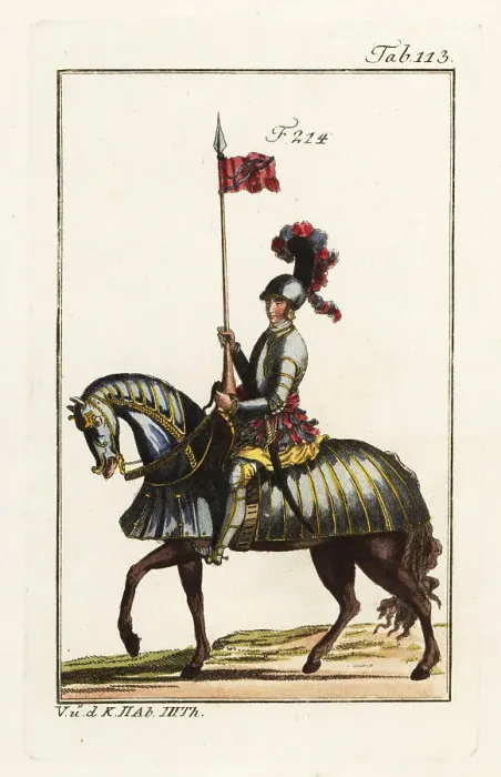Framed Print : A mounted ensign in plate armor holding a standard Framed Print : A mounted ensign in plate armor holding a standard