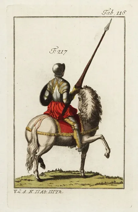 Framed Print : Mounted equerry in full armor with lance, shield and helmet Framed Print : Mounted equerry in full armor with lance, shield and helmet
