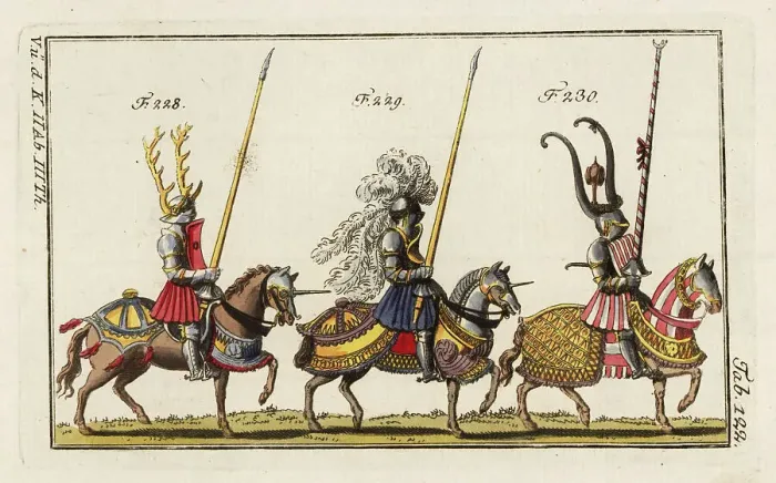 Framed Print : Three mounted knights in armor for different tournaments Framed Print : Three mounted knights in armor for different tournaments