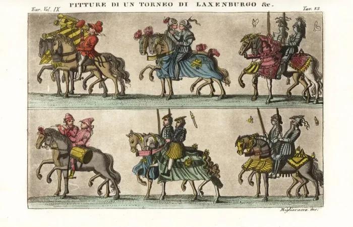 Framed Print : Mounted knights in armour in a procession, 15thC tournament Framed Print : Mounted knights in armour in a procession, 15thC tournament