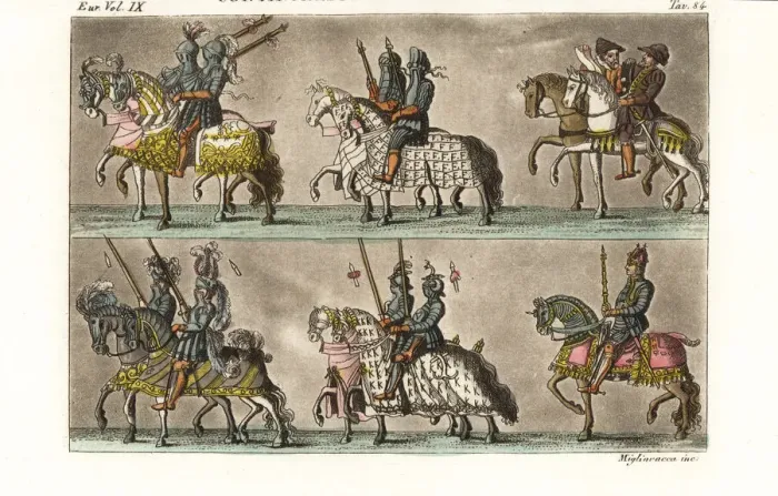 Framed Print : Mounted knights in armour in a procession, 15thC tournament Framed Print : Mounted knights in armour in a procession, 15thC tournament