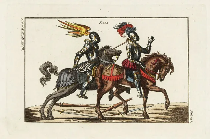 Framed Print : Two mounted knights in a tournament duel with a hook Framed Print : Two mounted knights in a tournament duel with a hook