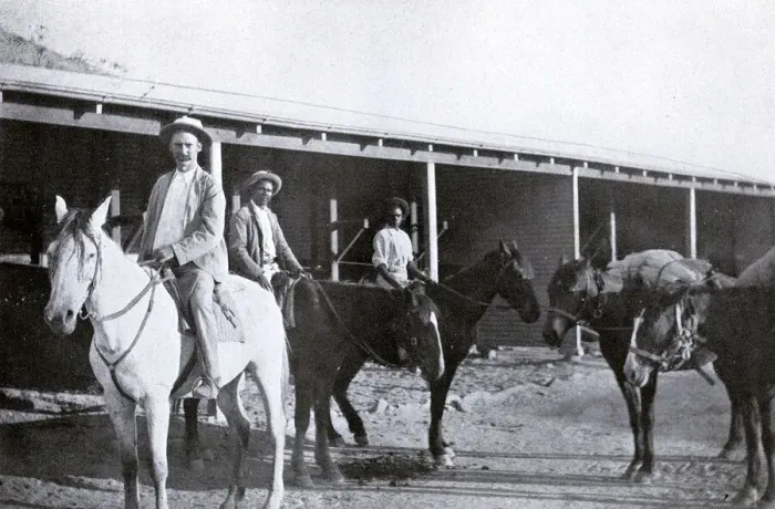 Framed Print : Mounted police constable and aborigine trackers on patrol