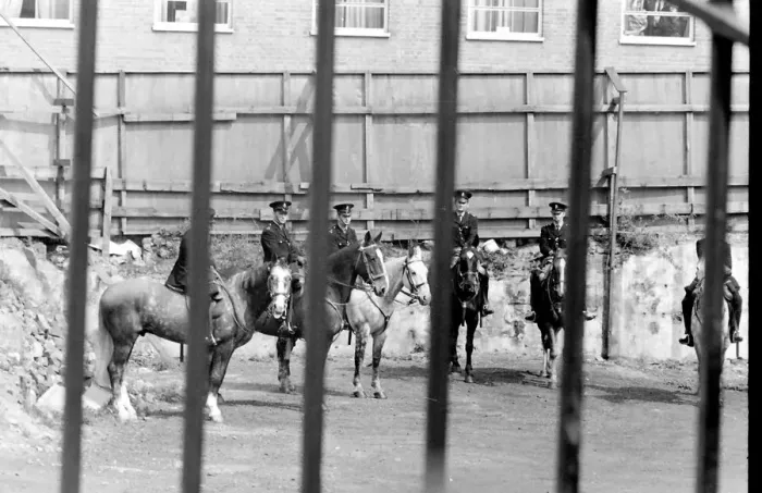Framed Print : Mounted police officers, London, taking a break from the action during a political Framed Print : Mounted police officers, London, taking a break from the action during a political