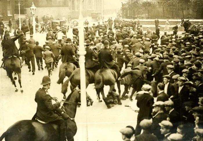 Framed Print : Mounted police and unemployed demonstrators, London Framed Print : Mounted police and unemployed demonstrators, London