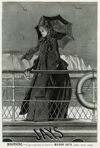 Mourning Dress 1888. A windswept, forlorn young widow stands at the ship's