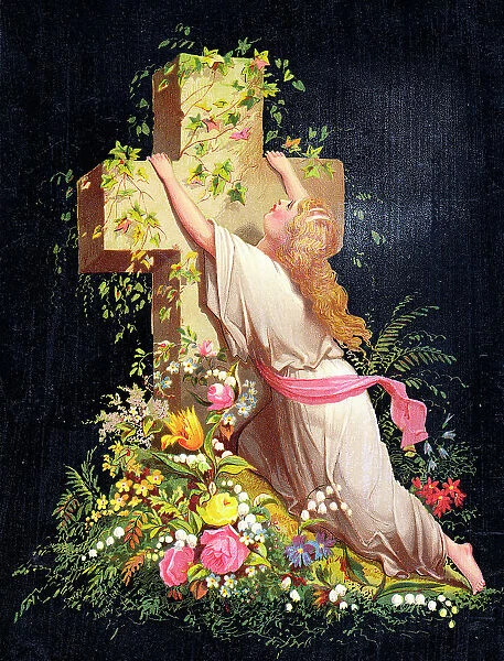 Mourning woman with cross and flowers