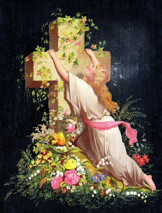 Framed Print : Mourning woman with cross and flowers Framed Print : Mourning woman with cross and flowers