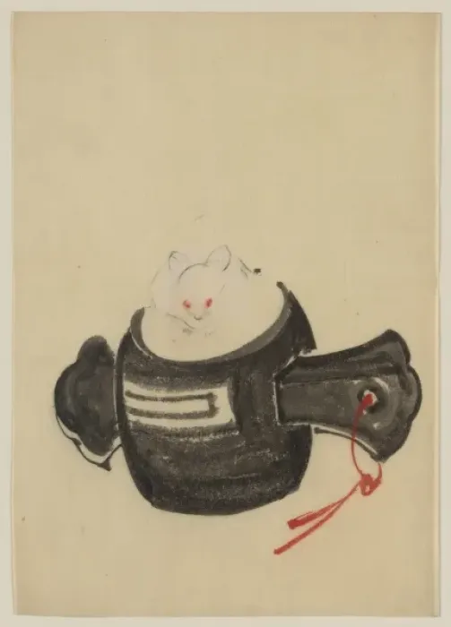 Framed Print : Mouse, facing front, sitting on a mallet with red ribbon thr Framed Print : Mouse, facing front, sitting on a mallet with red ribbon thr