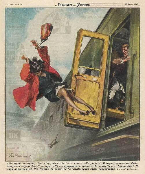 Mouse on Train 1947. At Bologna a woman is frightened by a mouse in a railway carriage