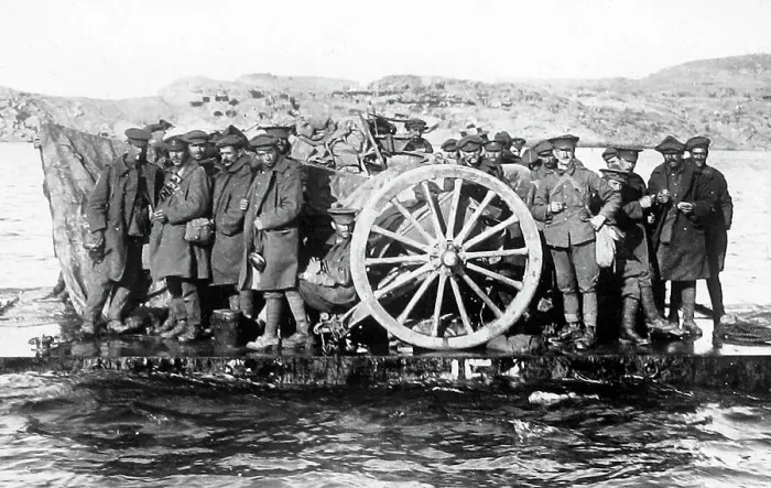 Framed Print : Moving Artillery Guns by Raft during WW1 Framed Print : Moving Artillery Guns by Raft during WW1
