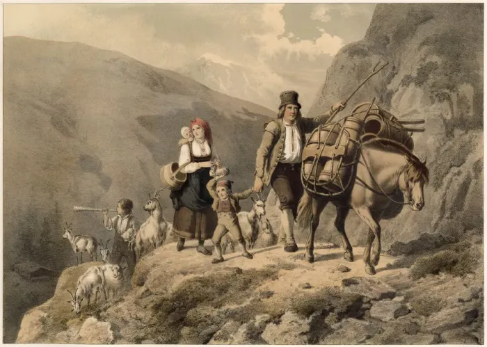 Framed Print : Moving the goats to the summer pasture : the whole family migrate for the warm season Framed Print : Moving the goats to the summer pasture : the whole family migrate for the warm season