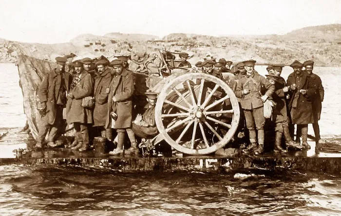 Framed Print : Moving guns by raft during WW1 Framed Print : Moving guns by raft during WW1