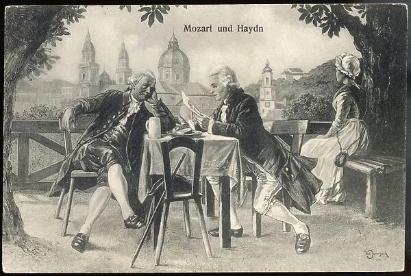 Mozart with Haydn. WOLFGANG AMADEUS MOZART the Austrian composer with his tutor