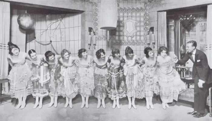 Framed Print : Mr Barnett Goodwood and girls in a scene from Fifty, Fifty Ltd at the Comedy Theatre, New York (1919) Date: 1919 Framed Print : Mr Barnett Goodwood and girls in a scene from Fifty, Fifty Ltd at the Comedy Theatre, New York (1919) Date: 1919