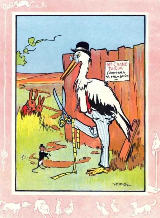 Framed Print : Mr Crane the tailor making a suit for Mr Mouse Framed Print : Mr Crane the tailor making a suit for Mr Mouse