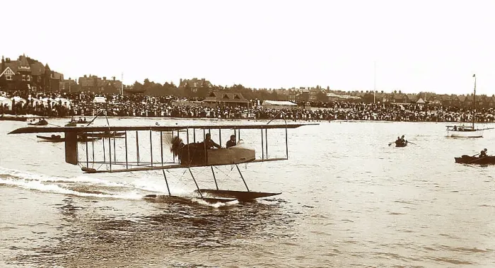 Framed Print : Mr Fischer in an early sea plane early 1900s Framed Print : Mr Fischer in an early sea plane early 1900s