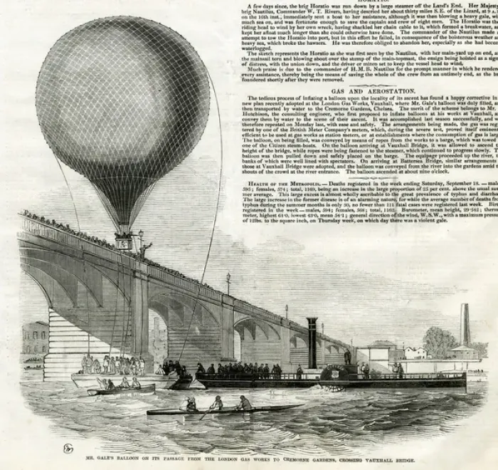 Framed Print : Mr Gales Balloon crossing Vauxhall Bridge, London Framed Print : Mr Gales Balloon crossing Vauxhall Bridge, London