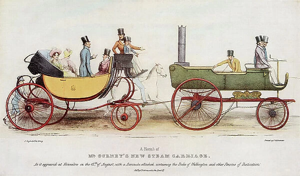 Mr Goldsworthy Gurney's tractor, drawing a carriage as a kind of trailer, has the advantage that if it breaks down, horses can be harnessed to the back bit. Date: 1829