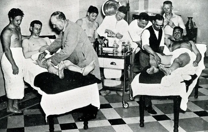 Framed Print : Mr Hardy, Tottenham Hotspur trainer, massage demonstration Framed Print : Mr Hardy, Tottenham Hotspur trainer, massage demonstration