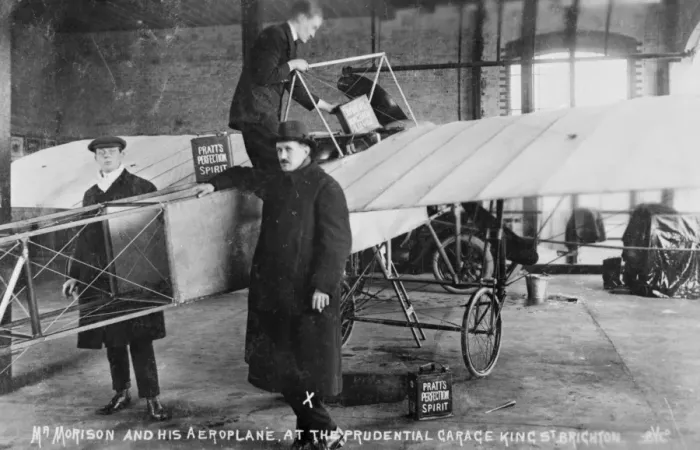 Framed Print : Mr Morrison and his aeroplane at the Prudential Garage