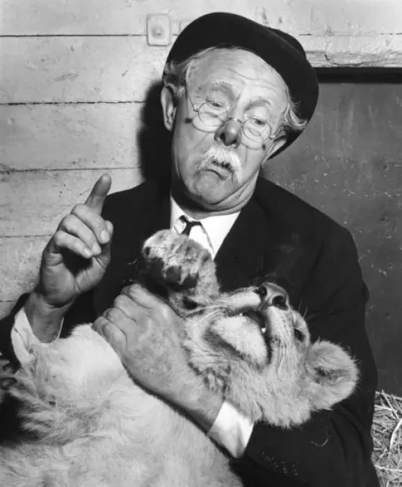 Framed Print : Mr Pastry, aka Richard Hearne, with lion Framed Print : Mr Pastry, aka Richard Hearne, with lion