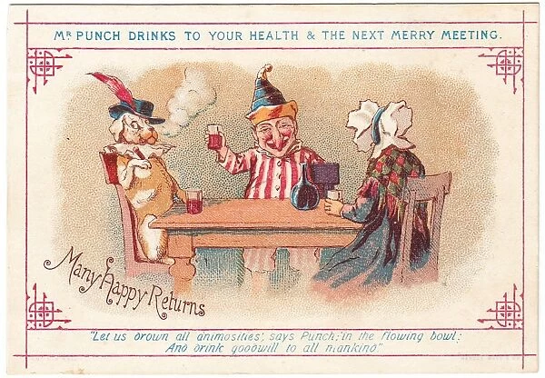 Mr Punch, Judy and Toby on a Christmas card