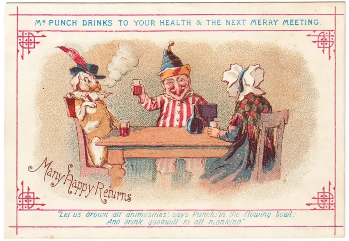 Framed Print : Mr Punch, Judy and Toby on a Christmas card