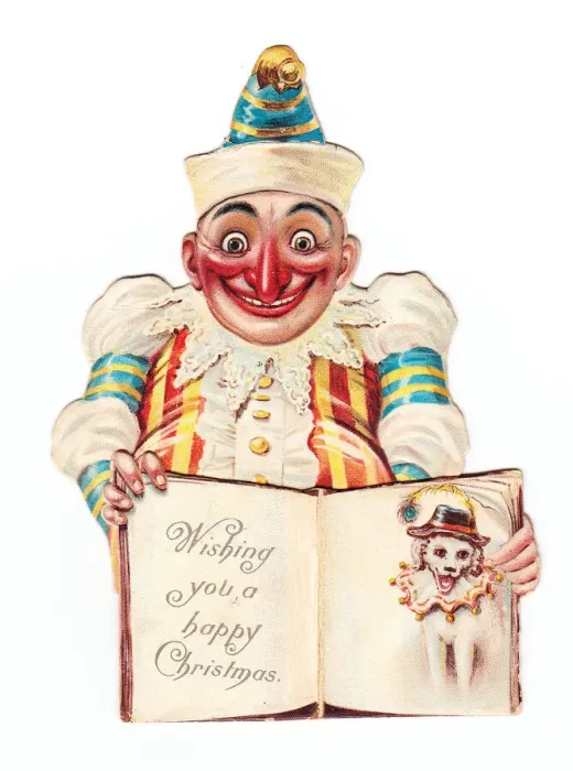 Framed Print : Mr Punch with an open book on a cutout Christmas card Framed Print : Mr Punch with an open book on a cutout Christmas card