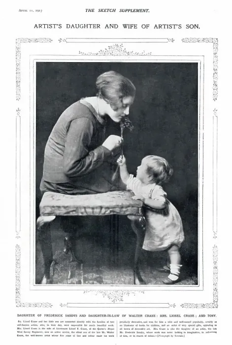 Framed Print : Mrs Lionel Crane and her son Tony. She is the wife of Lieutenant Lionel F. Crane, eldest son of the artist Walter Crane. She is also the daughter of an artist, Frederick Sandys. Date: 1917 Framed Print : Mrs Lionel Crane and her son Tony. She is the wife of Lieutenant Lionel F. Crane, eldest son of the artist Walter Crane. She is also the daughter of an artist, Frederick Sandys. Date: 1917