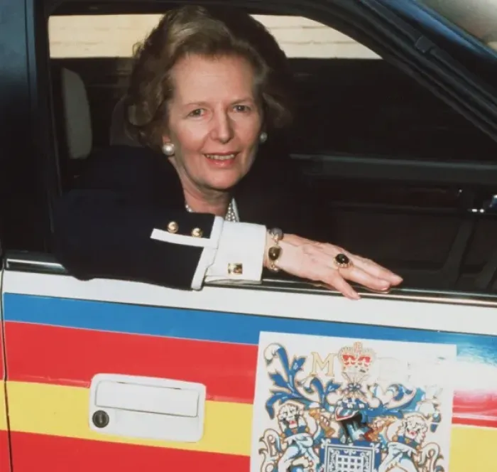 Framed Print : Mrs Thatcher in a Metropolitan Police car Framed Print : Mrs Thatcher in a Metropolitan Police car