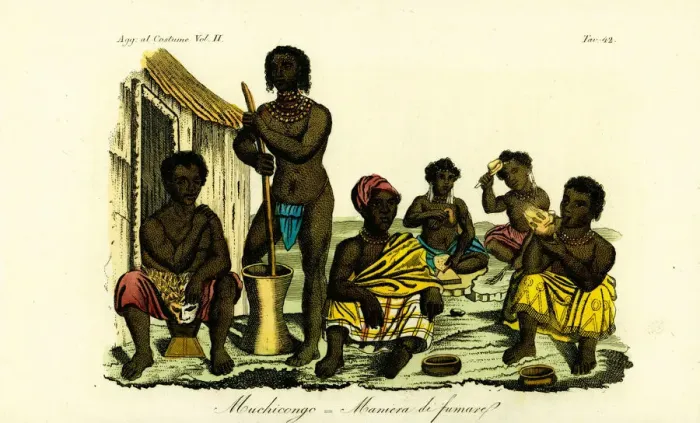 Framed Print : Muchicongo men and many wives outside a hut, Angola