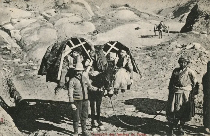 Framed Print : Mules carry children in pannier seats Framed Print : Mules carry children in pannier seats