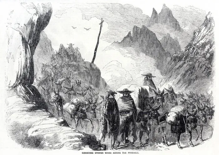 Framed Print : Mules carrying Spanish wines across the Pyrenees Framed Print : Mules carrying Spanish wines across the Pyrenees