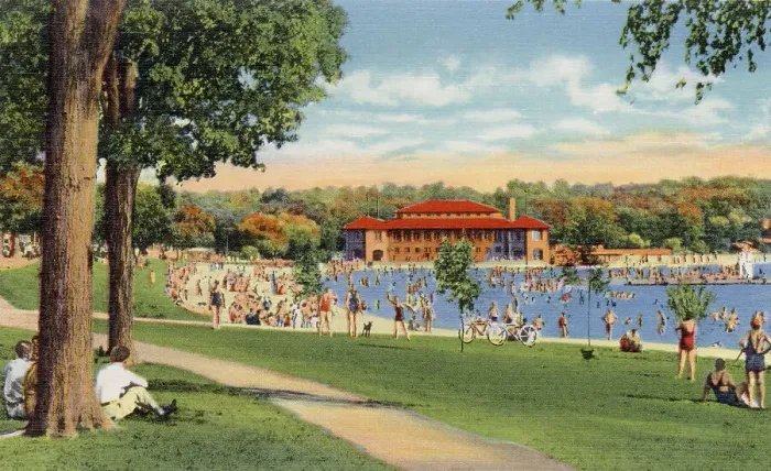 Framed Print : Municipal bathing beach, Lake Geneva, Wisconsin, USA Date: 1936 Framed Print : Municipal bathing beach, Lake Geneva, Wisconsin, USA Date: 1936
