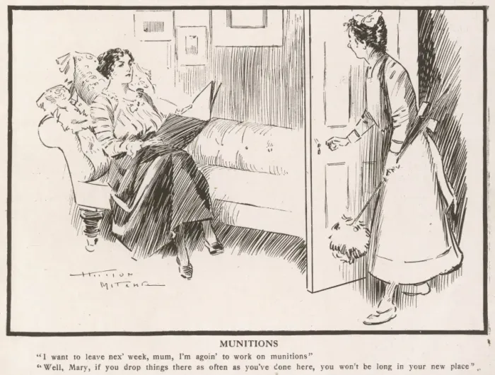 Framed Print : Munitions. A maid informs the mistress of the house that she is off to Framed Print : Munitions. A maid informs the mistress of the house that she is off to