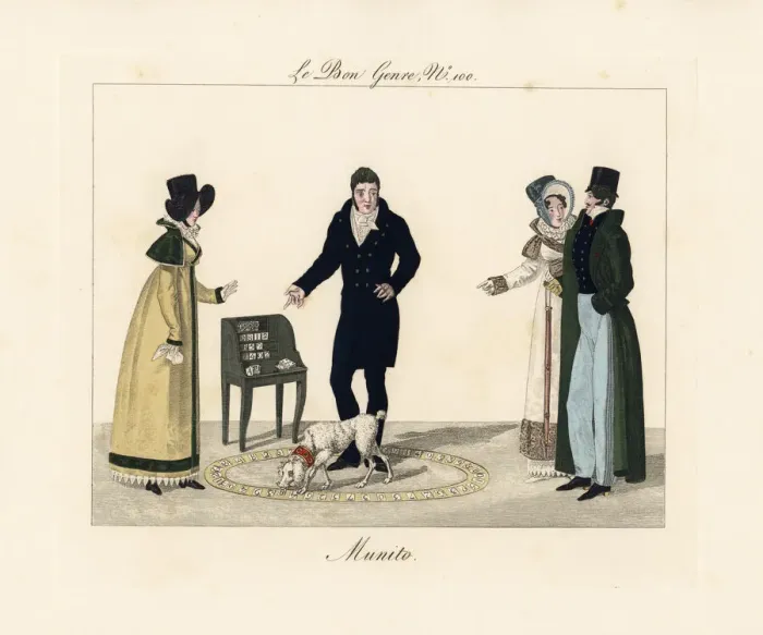 Framed Print : Munito the wonder dog performing card tricks, 1815 Framed Print : Munito the wonder dog performing card tricks, 1815
