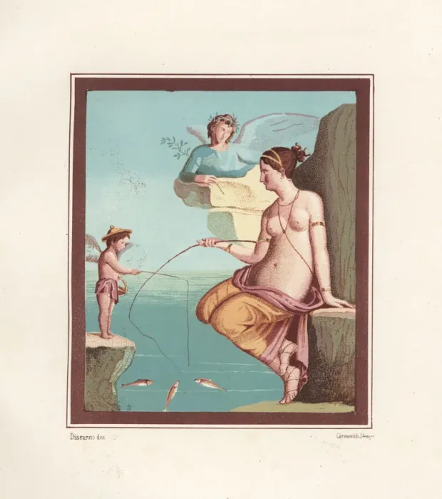 Framed Print : Mural of Venus and cupid fishing with rods from the sea Framed Print : Mural of Venus and cupid fishing with rods from the sea