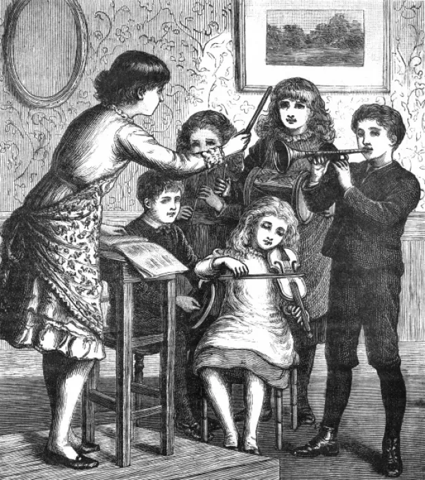 Framed Print : Music at home - ensemble of children conducted, c. 1870 Framed Print : Music at home - ensemble of children conducted, c. 1870