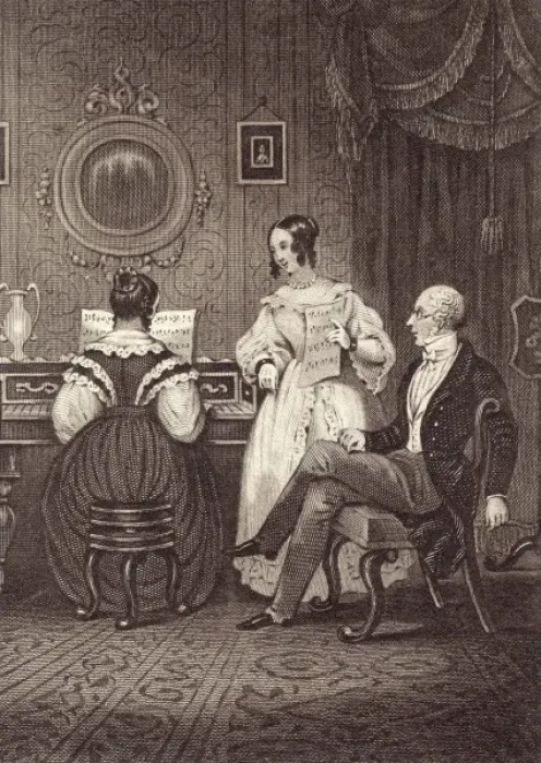 Framed Print : Music at home - round the piano, c. 1835 Framed Print : Music at home - round the piano, c. 1835